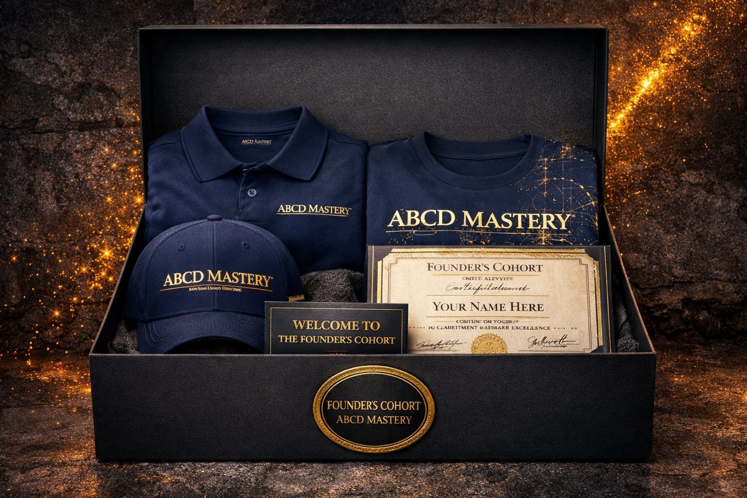 Founder's Completion Kit — open black matte box showing Leadership Polo, Tee, Cap, Welcome Card, and Certificate